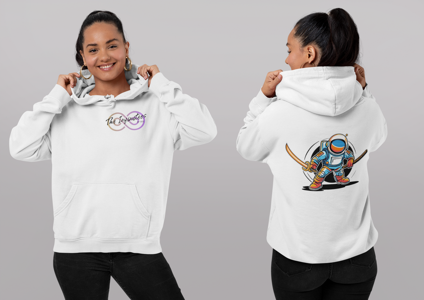 Person wearing a white hoodie with a front logo and back design, on a gray background