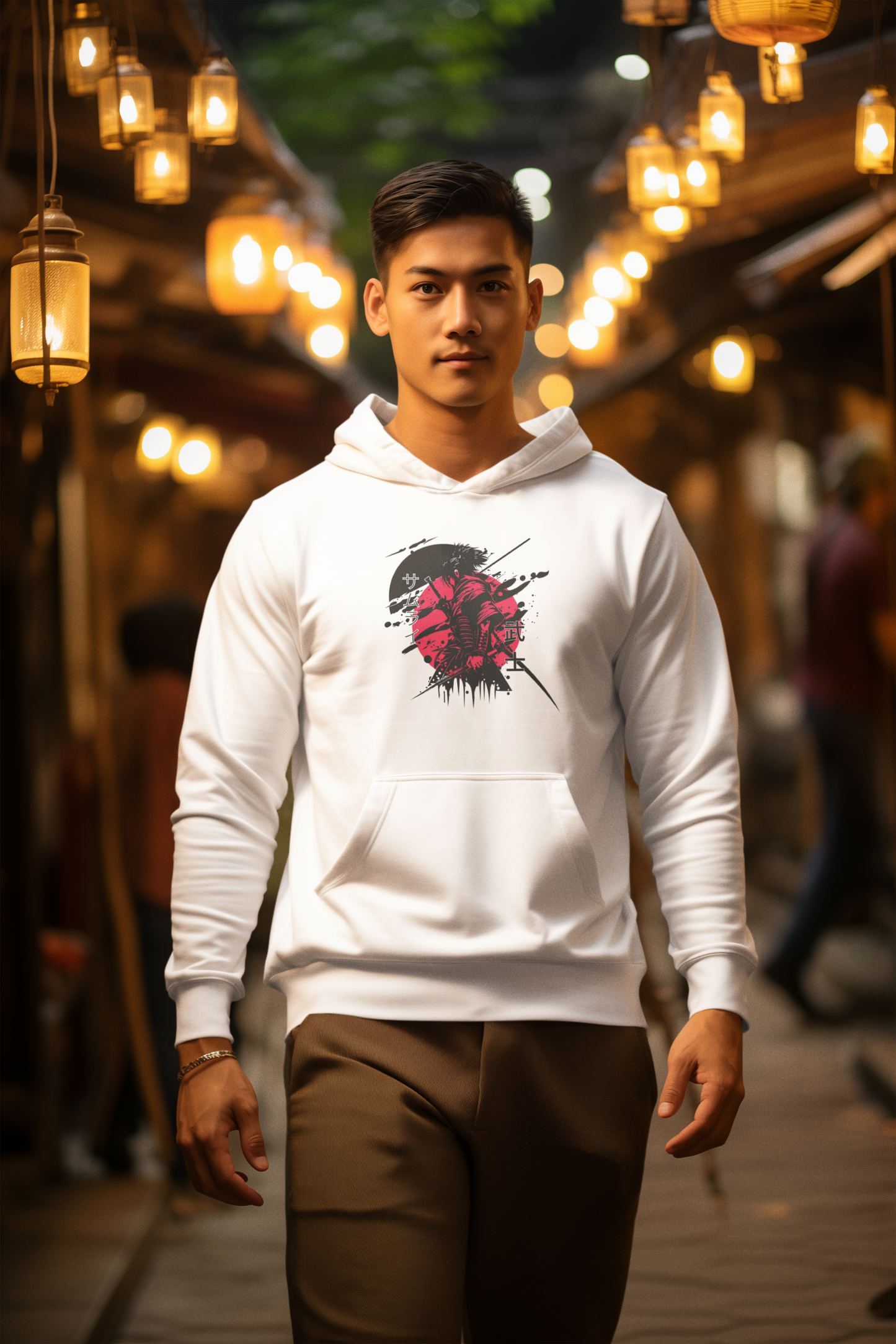 Man wearing a white hoodie with a graphic design in an outdoor setting with warm lighting.