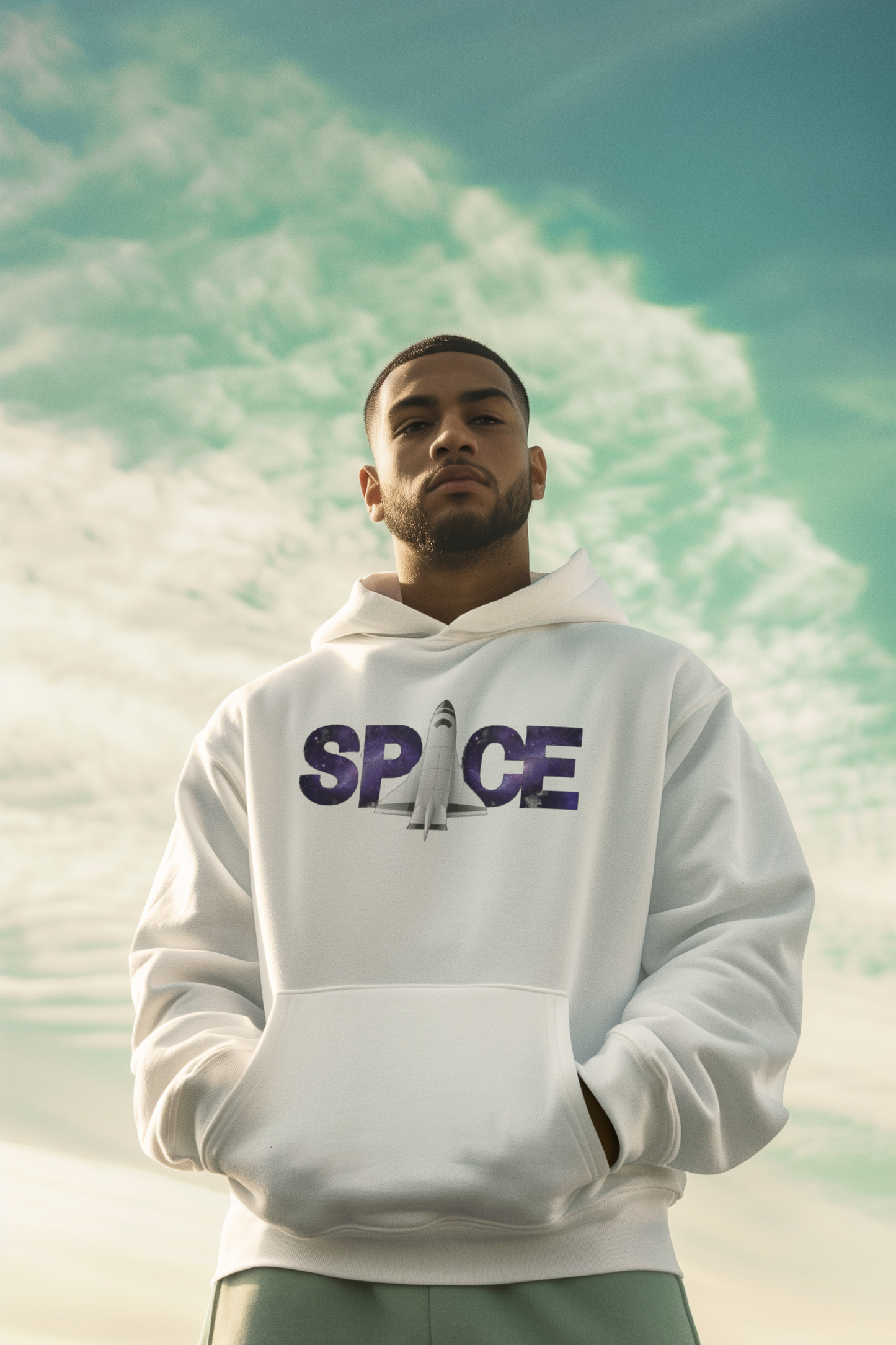 Man wearing a white hoodie with 'SPACE' printed on it against a sky and cloud background
