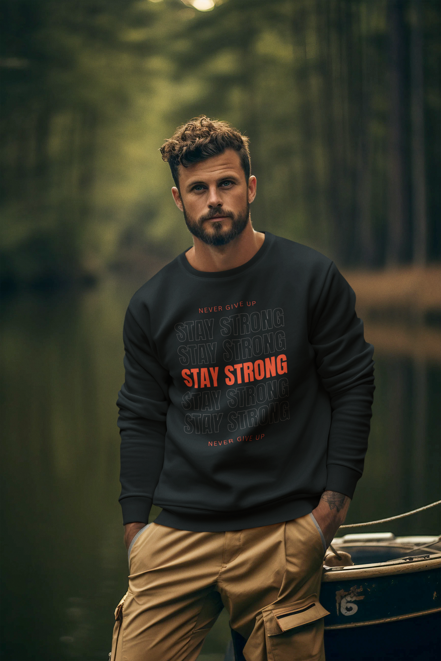 Man wearing a black sweatshirt with red text Saying Stay Strong standing in a forest