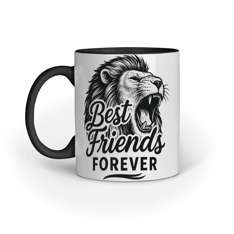 "White and black ceramic mug with a roaring lion graphic and the text 'Best Friends Forever' printed on it"