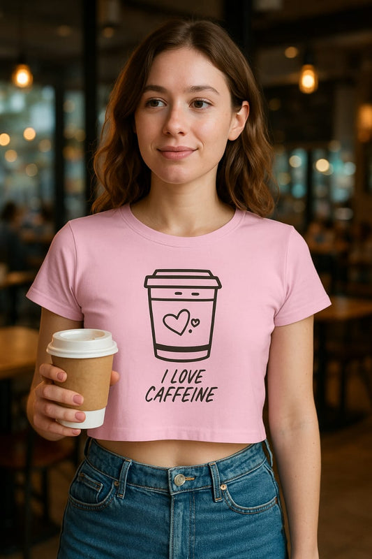 Woman wearing a pink t-shirt with a coffee cup design and text, holding a coffee cup in a blurred indoor setting.