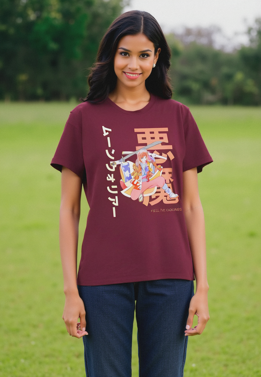 A woman standing in an open field wearing a maroon t-shirt with a graphic print in the front.