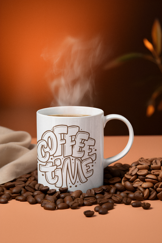 A white ceramic mug with 'COFFIE TIME' text design, placed on a surface with scattered coffee beans and a steaming hot drink, on a orange and beige background.