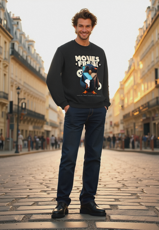 A person standing on a cobblestone street wearing a black sweatshirt with a graphic print, blue jeans, and black shoes.