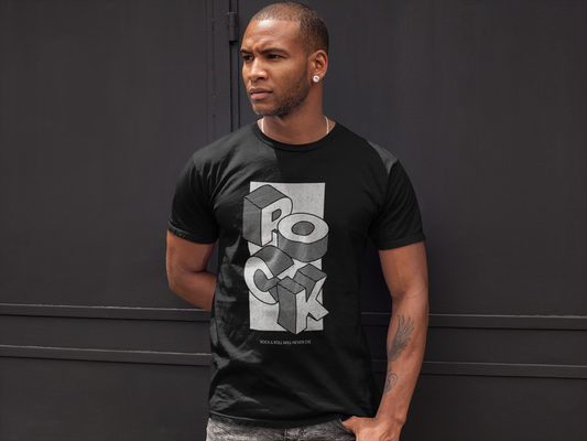 A man wearing a black crew neck t-shirt with the word 'ROCK' depicted in stylized letters on the front.