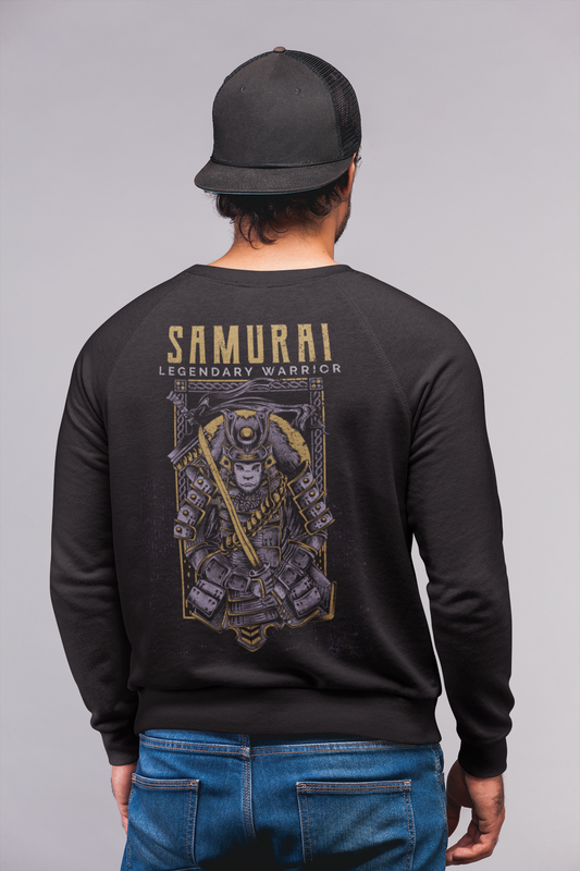 A person wearing a black sweatshirt with a graphic print of a samurai on the back, accompanied by the text 'SAMURAI LEGENDARY WARRIOR'.