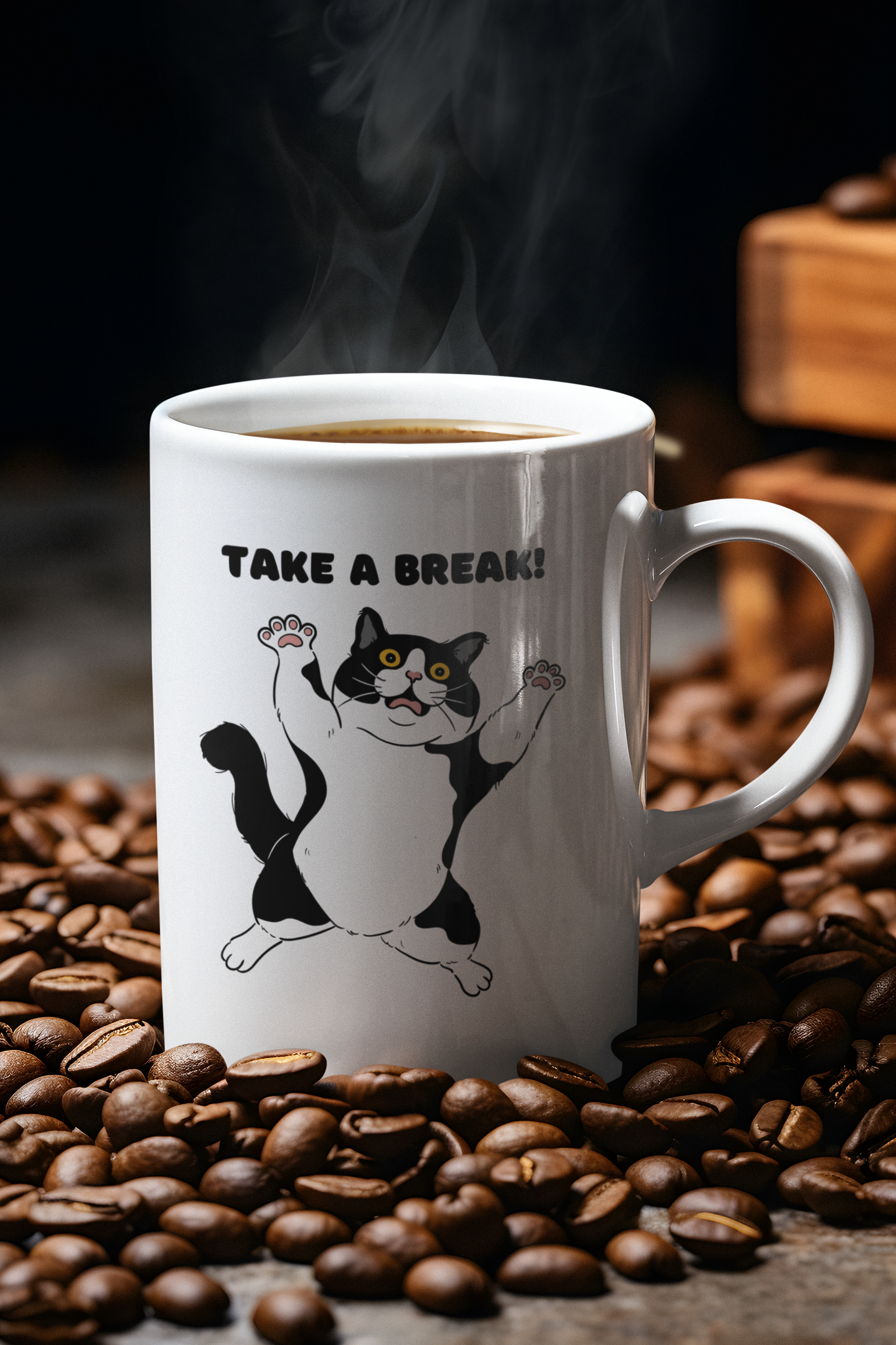 A white ceramic mug with a graphic of a black cat dancing and the phrase 'TAKE A BREAK' written at the top. The mug is on a surface with coffee beans scattered around it, and there is steam rising from the mug, indicating it contains a hot beverage.