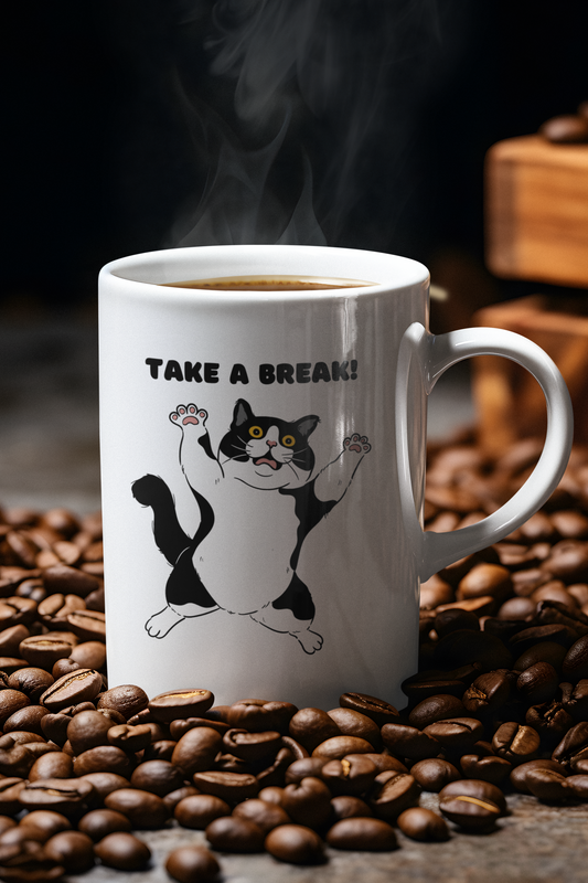 A white ceramic mug with a graphic of a black cat dancing and the phrase 'TAKE A BREAK' written at the top. The mug is on a surface with coffee beans scattered around it, and there is steam rising from the mug, indicating it contains a hot beverage.