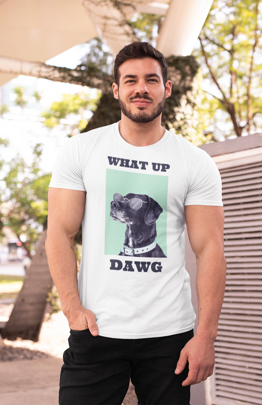 A man wearing a white crew neck t-shirt with a graphic that includes the text 'WHAT UP DAWG' and an image of a dog.
