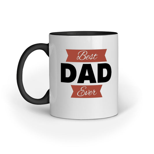 White mug with black handle and 'Best Dad Ever' text on a white background