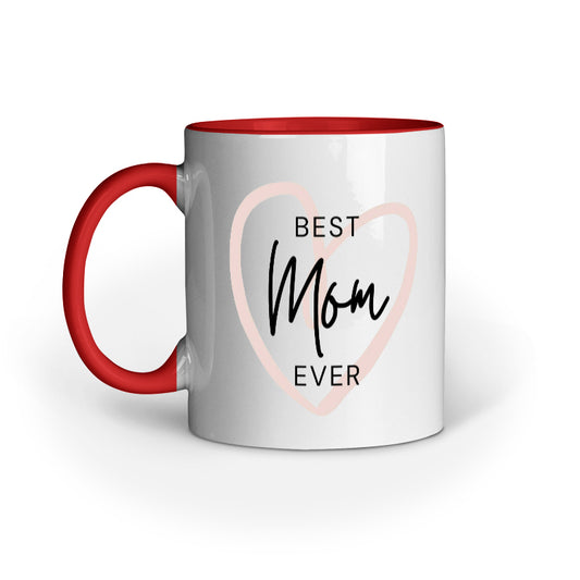 White mug with red handle and 'Best Mom Ever' text on a white background