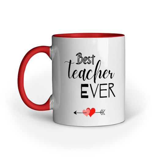 White mug with red handle and 'Best Teacher Ever' text on a white background