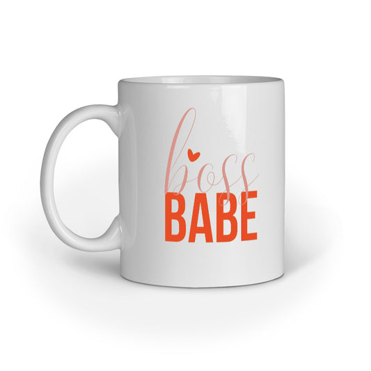 White mug with 'Boss Babe' text in red and heart symbol on a white background