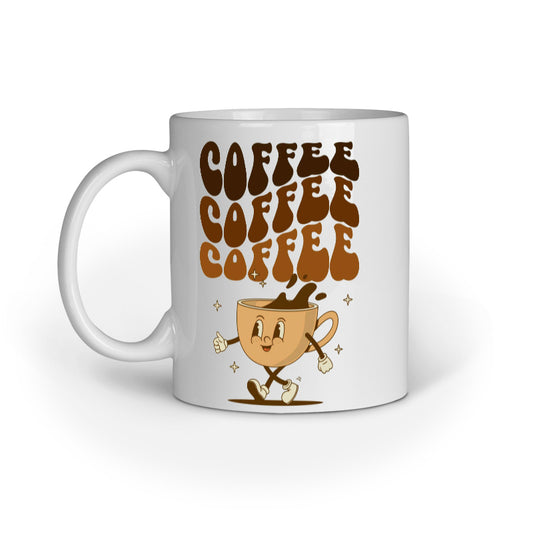 White mug with cartoon coffee cup and 'Coffee Coffee Coffee' text on a white background