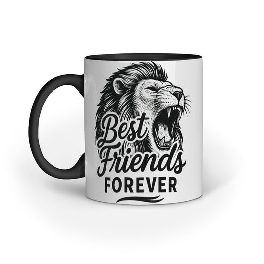 "White and black ceramic mug with a roaring lion graphic and the text 'Best Friends Forever' printed on it"


