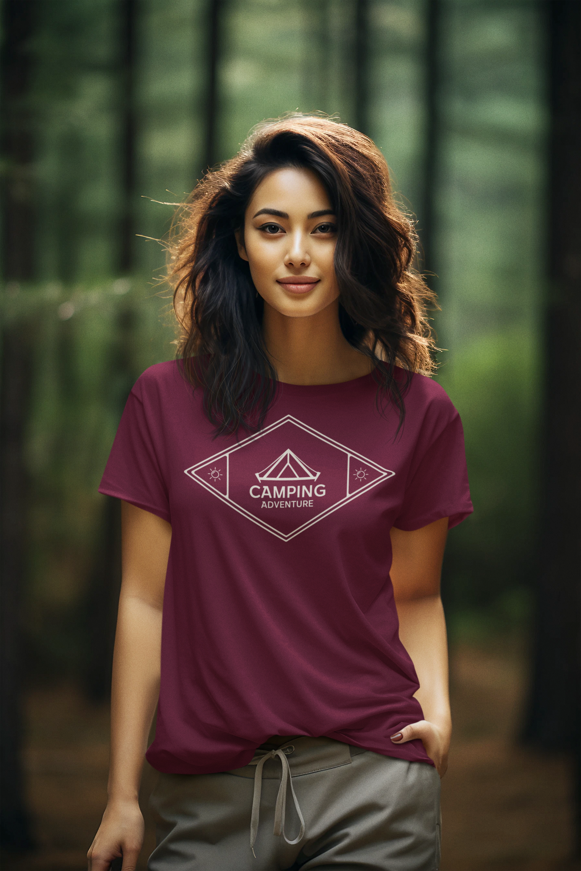 Woman wearing a purple t-shirt with a camping logo in a forest setting